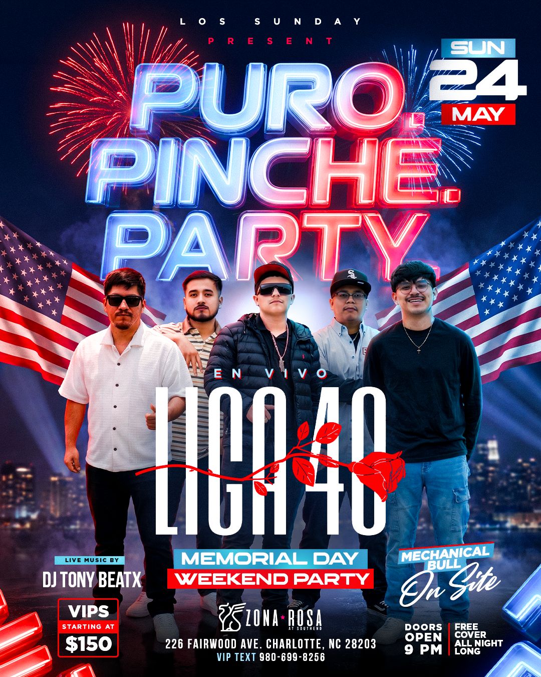 Sunday night event flyer at Zona Rosa in Charlotte, NC